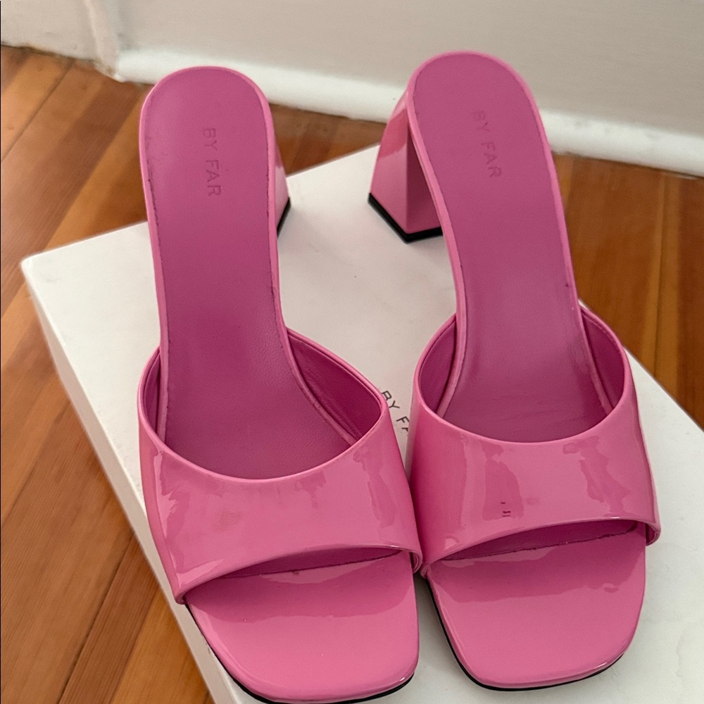 BY FAR Hot Pink Patent Block Heel Mules